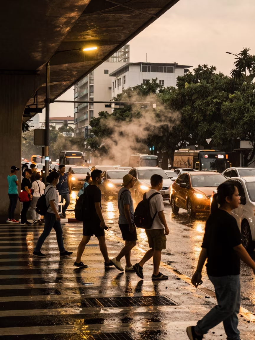 Commuters Cross Stalled Traffic Underpass in beneath a flickering underpass light in Thủ Đức