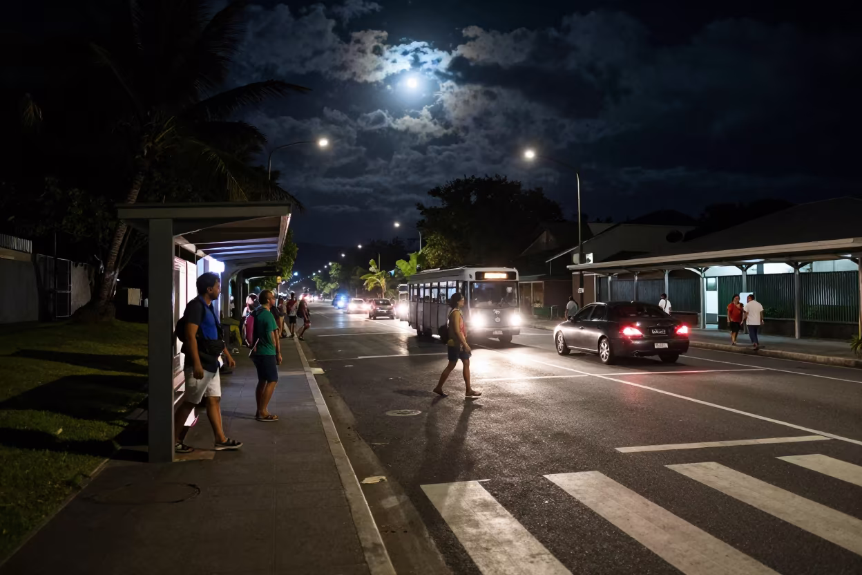 Commuters Cross Victoria Seychelles Night Street in at a tram stop in Victoria Seychelles