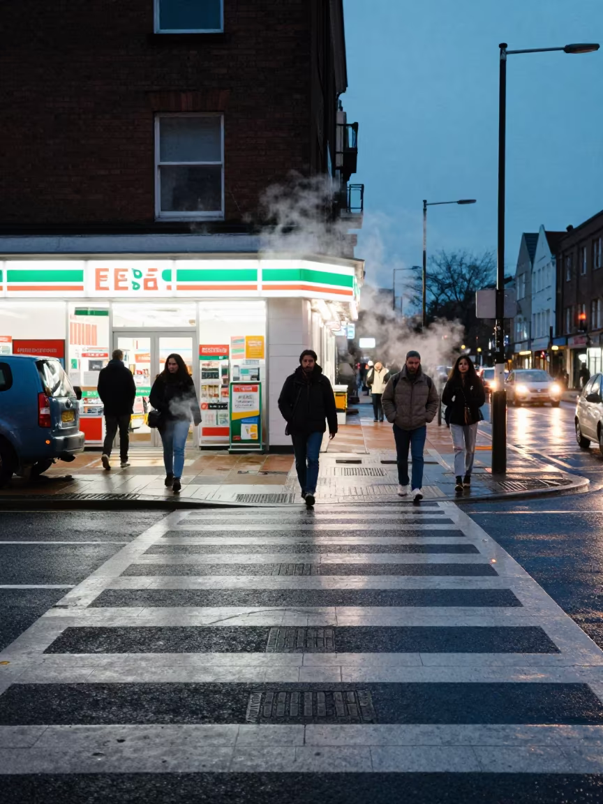 Commuters Cross Wet Pavement at Nottingham Twilight in outside a fluorescent convenience store in Nottingham