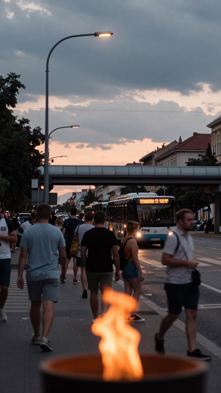 Commuters at Crosswalk Under Flickering Light in beneath a flickering underpass light in Miskolc
