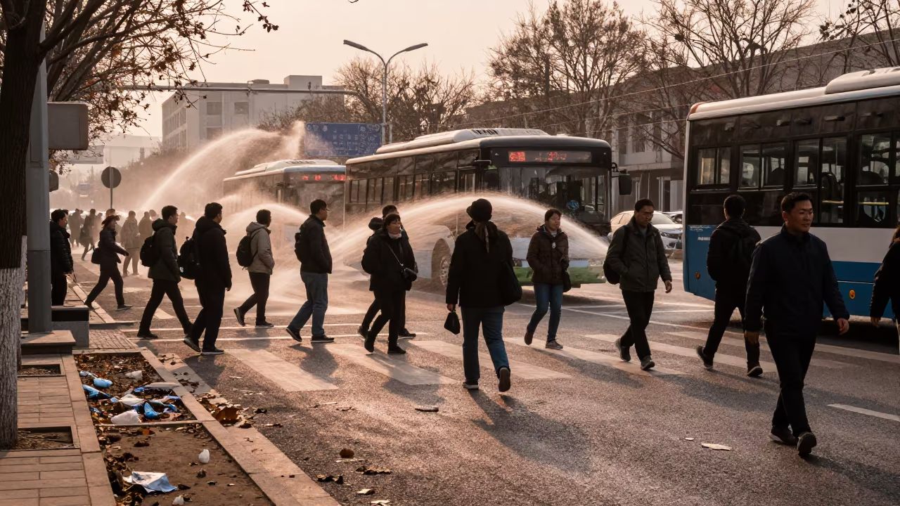 Commuters Crosswalk Jinan Amber Sunset Buses in outside a metro entrance in Jinan