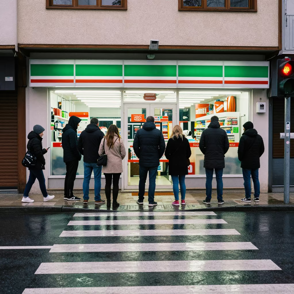 Commuters at Crosswalk in Mostar Afternoon in outside a fluorescent convenience store in Mostar