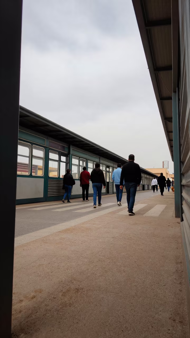 Commuters at Crosswalk Under Subway Windows in along a shuttered arcade in Atbarah