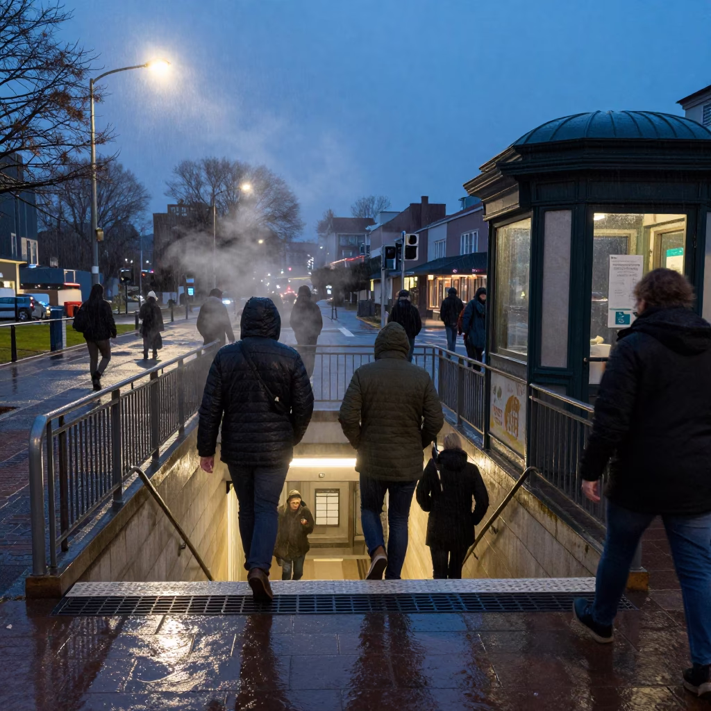 Commuters Descend Rain Stairs Dawn Stellenbosch in by a rain-darkened kiosk in Stellenbosch