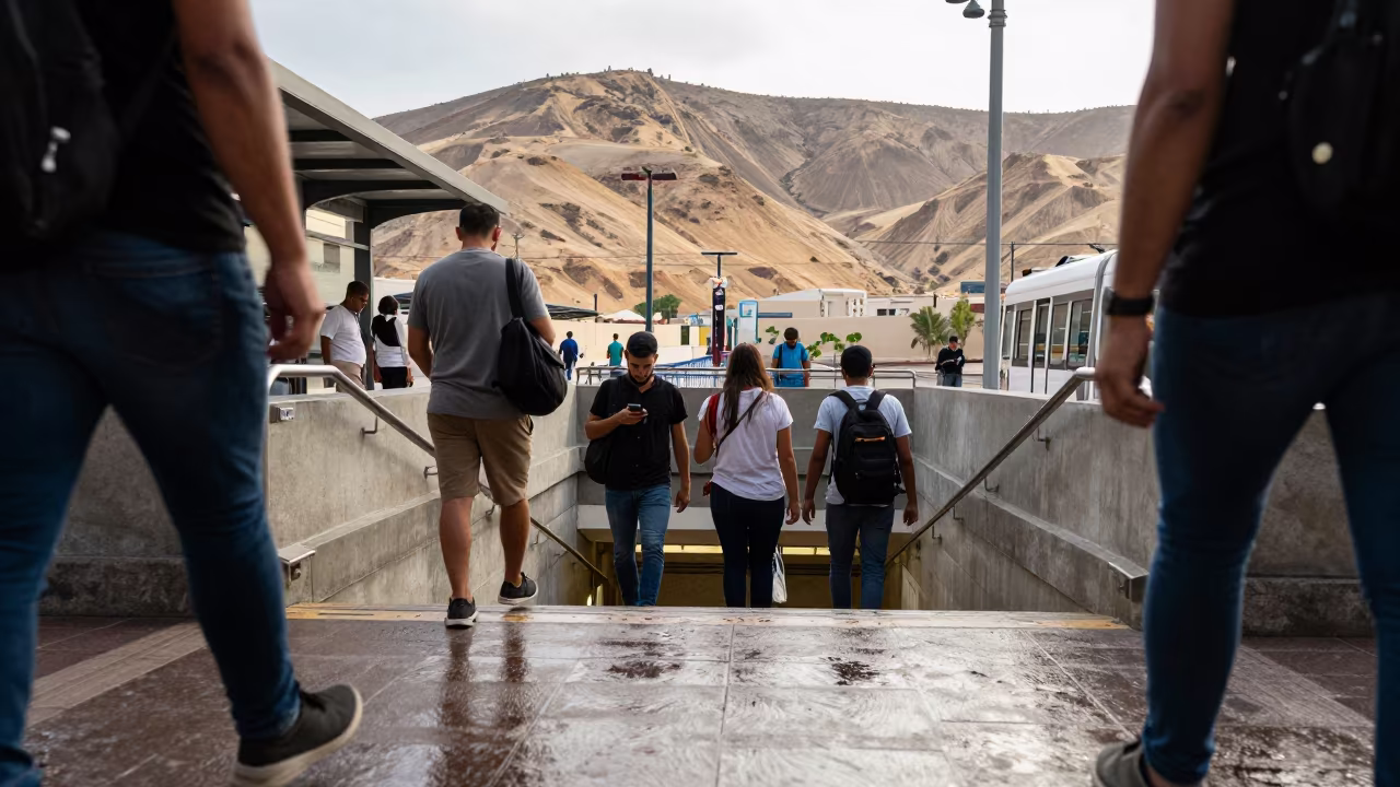 Commuters Descend Rainy Staircase Sharjah Tram Stop in at a tram stop in Sharjah