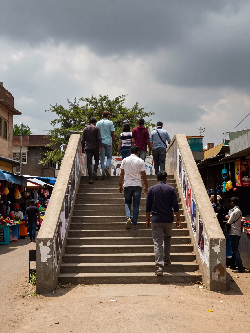 Commuters Descend Underpass Anand Market Street in along a market-lined side street in Anand