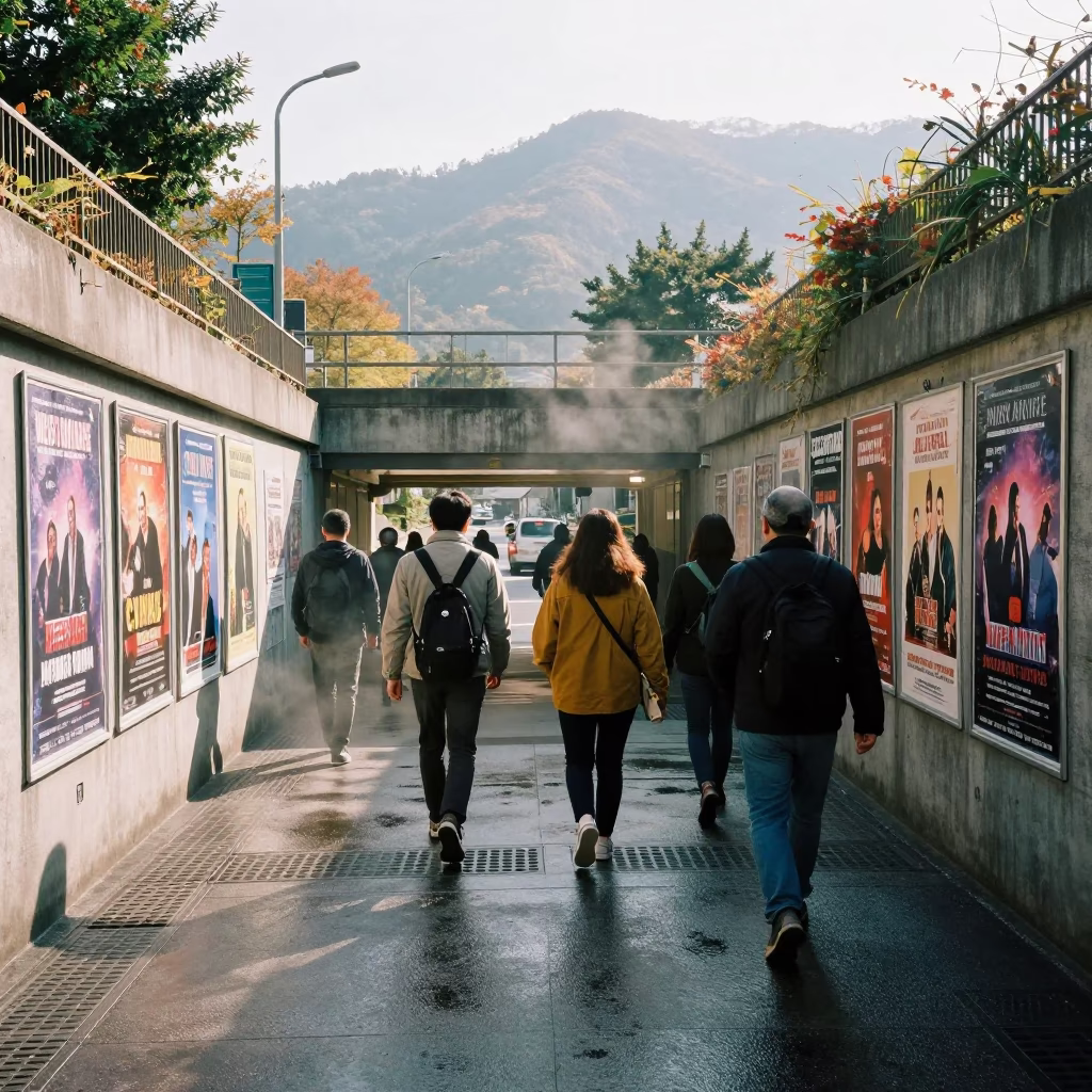 Commuters Descend Underpass with Steam Rising in at a tram stop in Taoyuan County