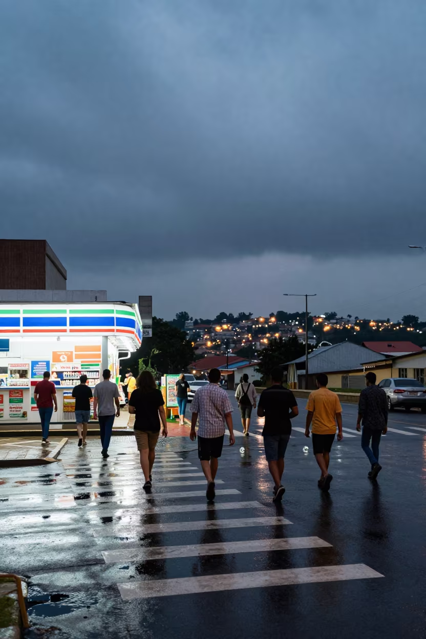 Commuters Dodge Puddles Dusk Crosswalk Chimoio in outside a fluorescent convenience store in Chimoio