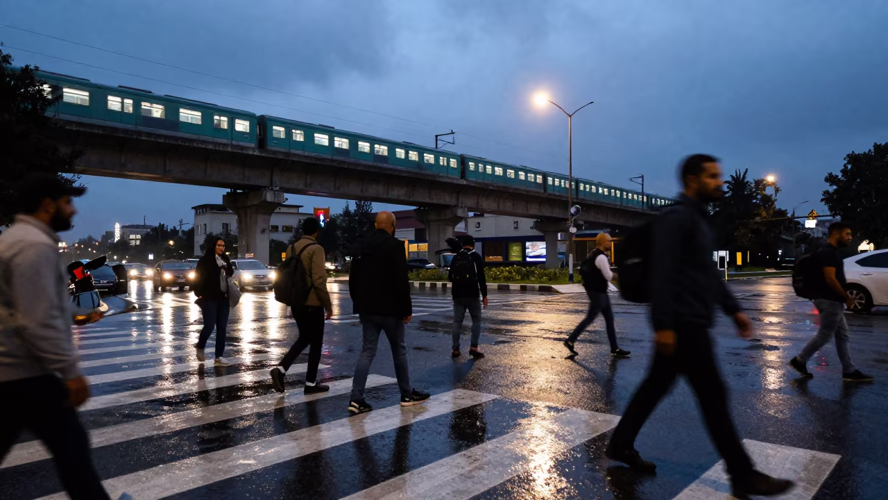 Commuters dodge puddles under Mekelle train tracks at dusk in under an elevated train line in Mekelle