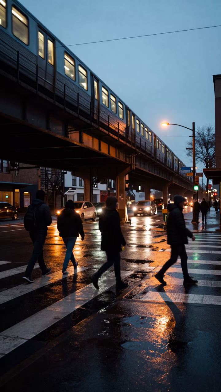 Commuters Dodge Puddles Under Train Line at Dusk in under an elevated train line in Salem