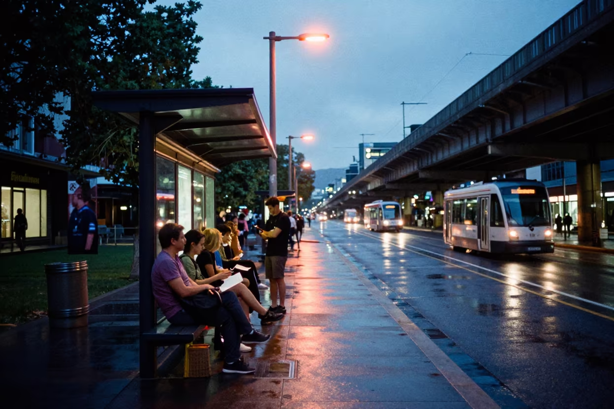 Commuters Under Heat Lamps at Wellington Tram Stop in under an elevated train line in Wellington