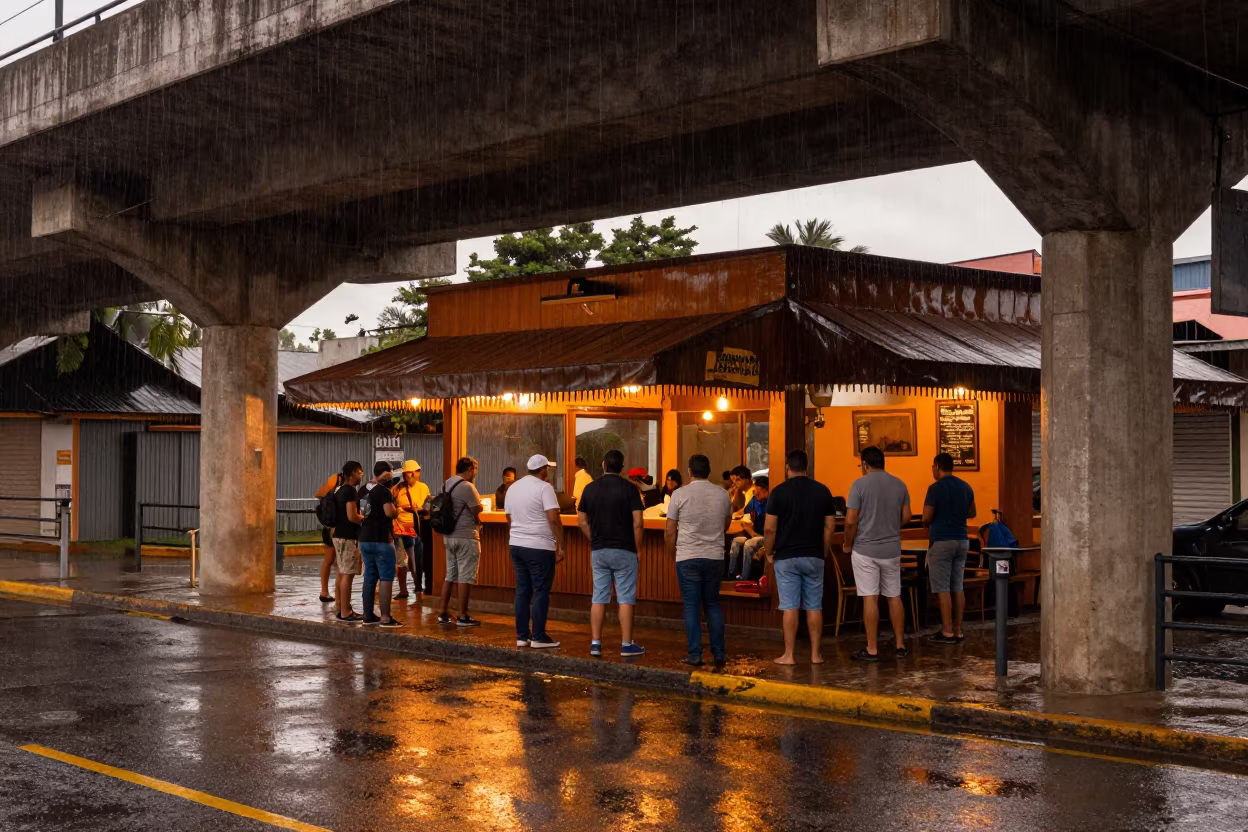 Commuters Huddle Under Overpass in Coatzacoalcos Rain in outside a corner cafe in Coatzacoalcos
