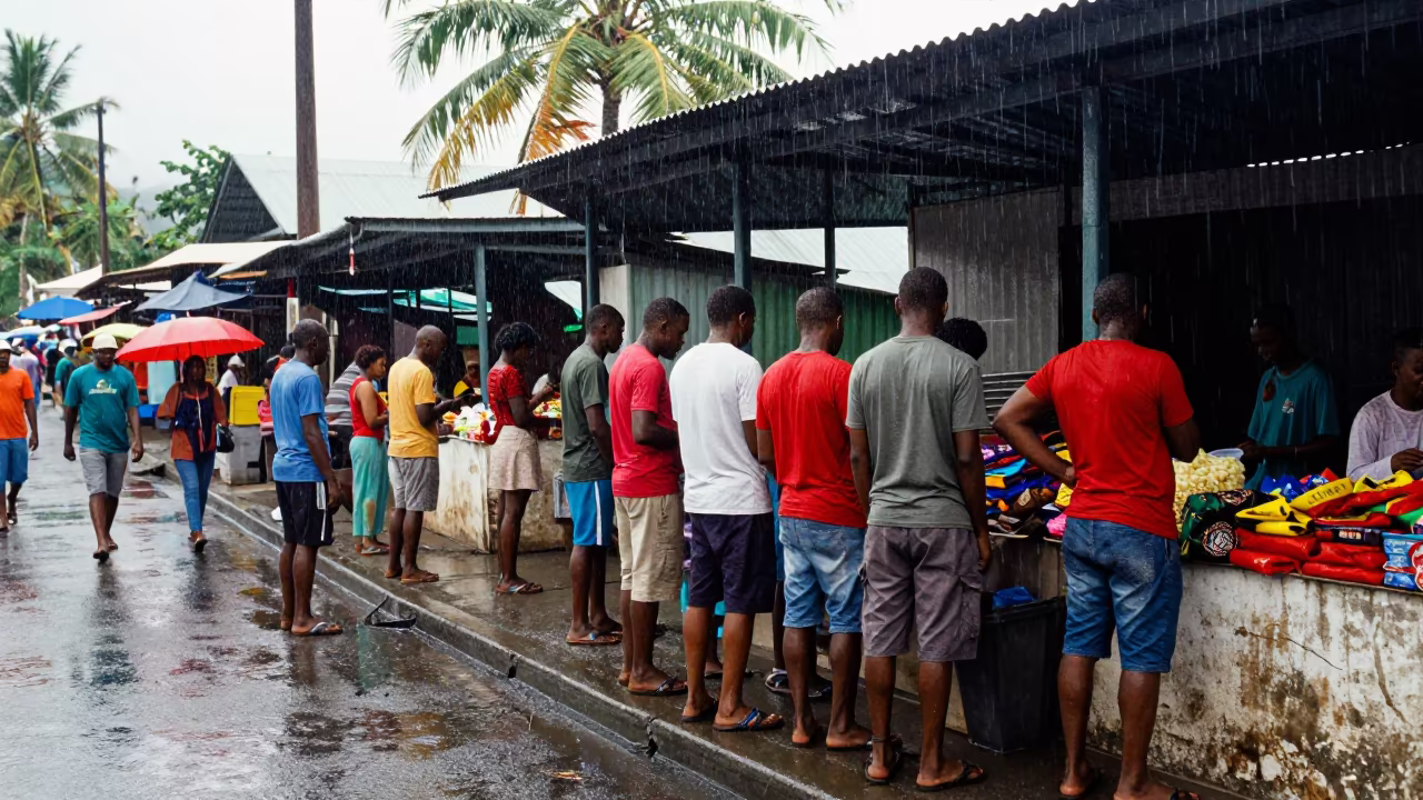 Commuters Huddle Under Awning in Seychelles Rain in along a market-lined side street in Victoria Seychelles