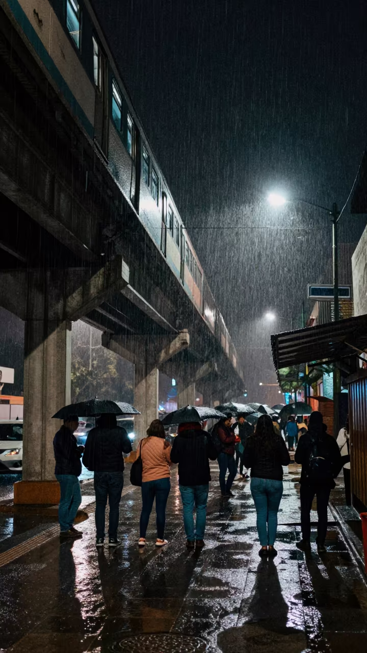Commuters Huddle Under Irapuato Overpass Rain in under an elevated train line in Irapuato