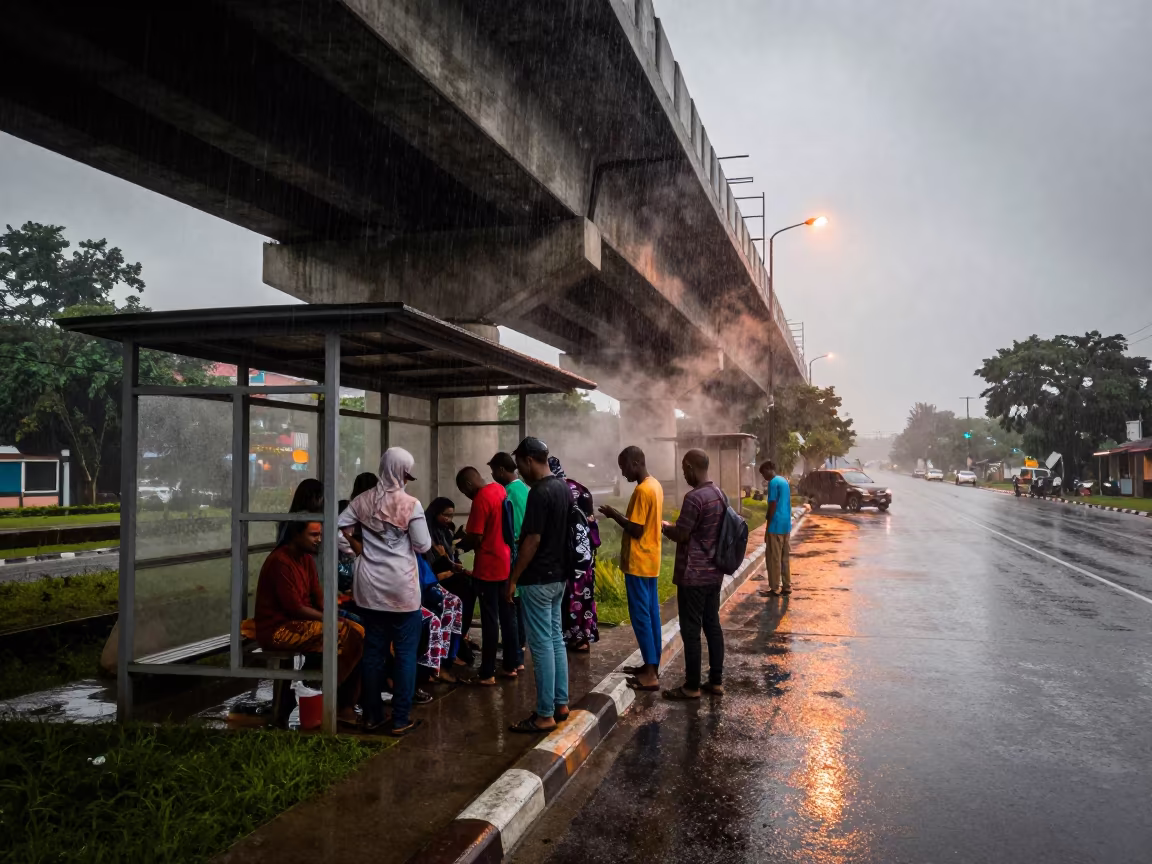 Commuters Huddle Under Overpass in Rainy Jalingo in beside a steamed-up bus shelter in Jalingo