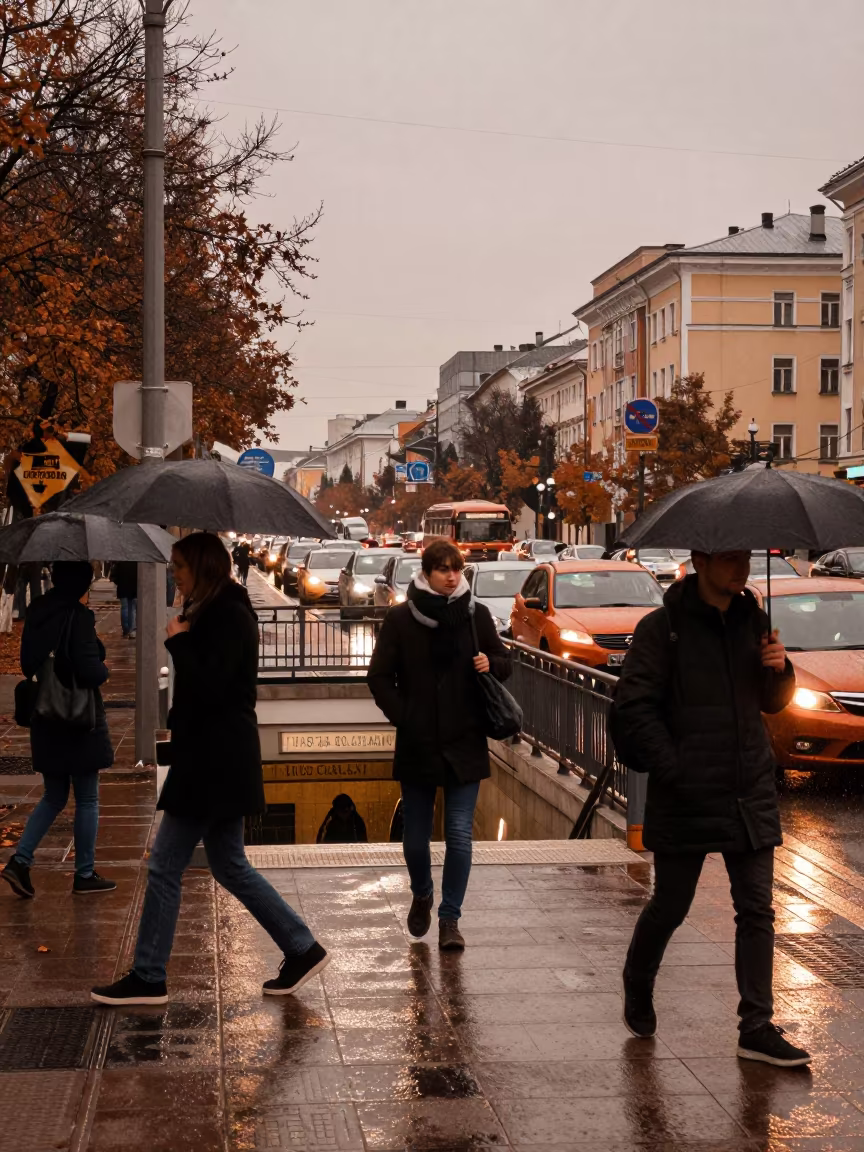 Commuters Jaywalk Minsk Metro Copper Light in outside a metro entrance in Minsk