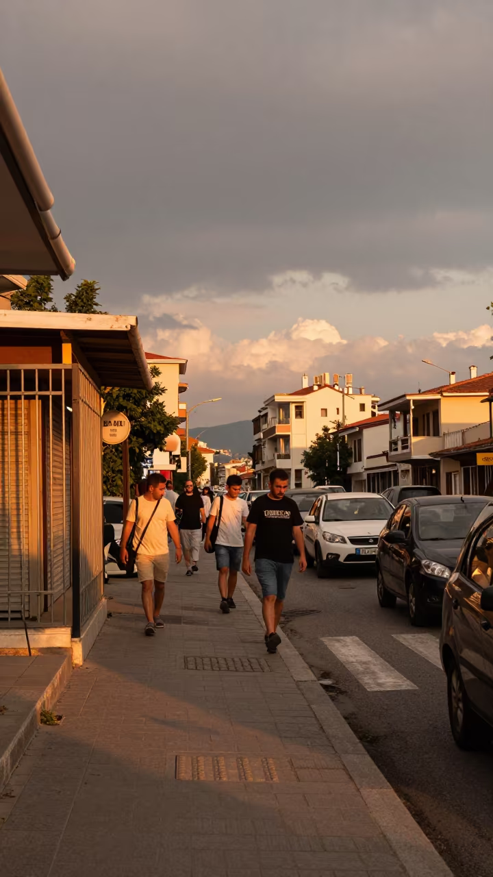 Commuters Jaywalk Stalled Traffic Izmir in along a shuttered arcade in Izmir