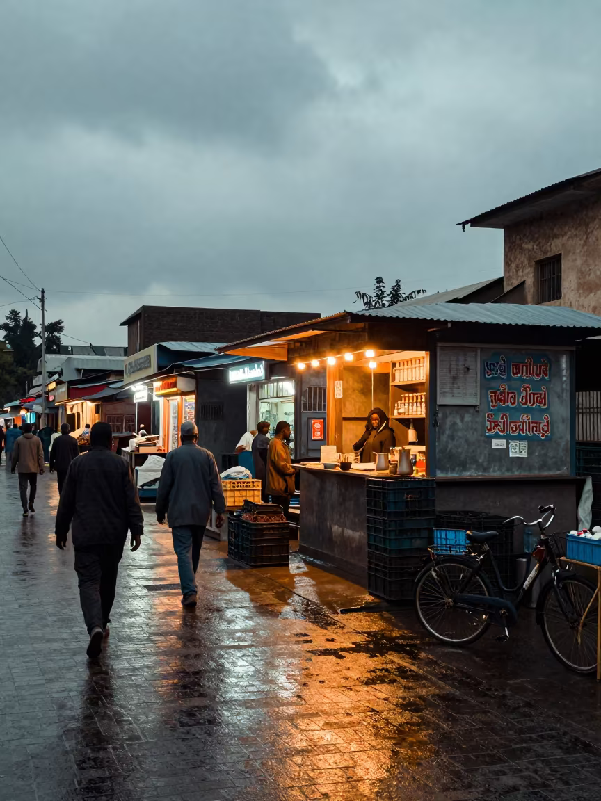 Commuters Near Market Crates Before Dawn in by a rain-darkened kiosk in Al-Fashir