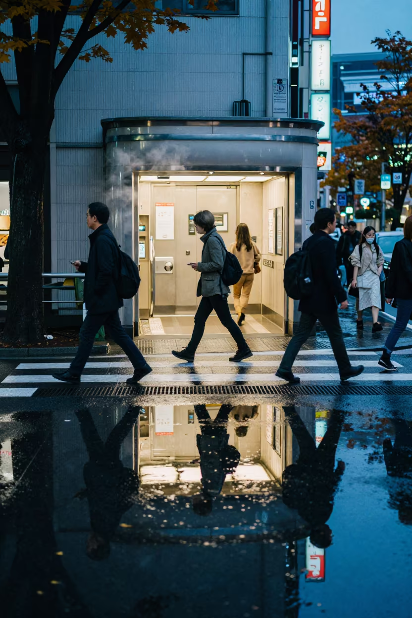Commuters Neon Reflection Twilight Tokyo Puddle in outside a metro entrance in Tokyo