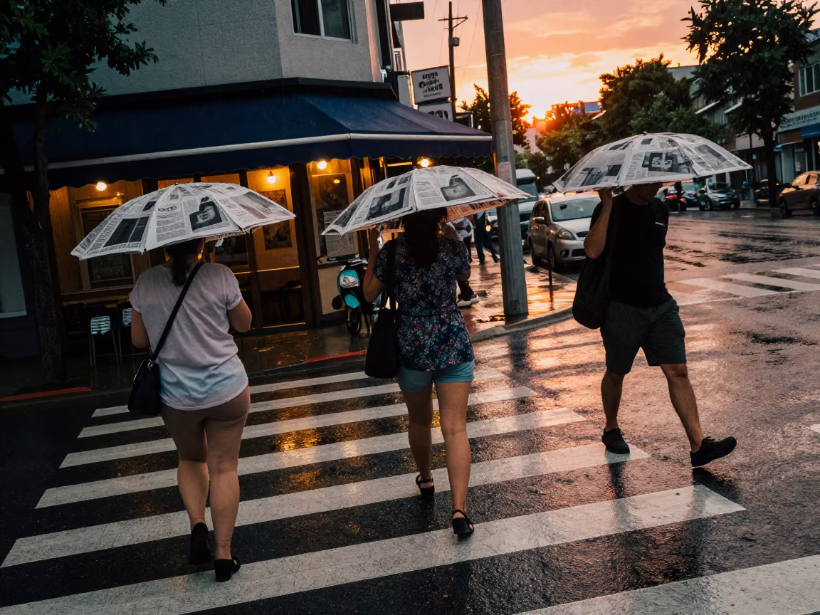 Commuters Shielding Newspapers at Rason Sunset Crosswalk in outside a corner cafe in Rason