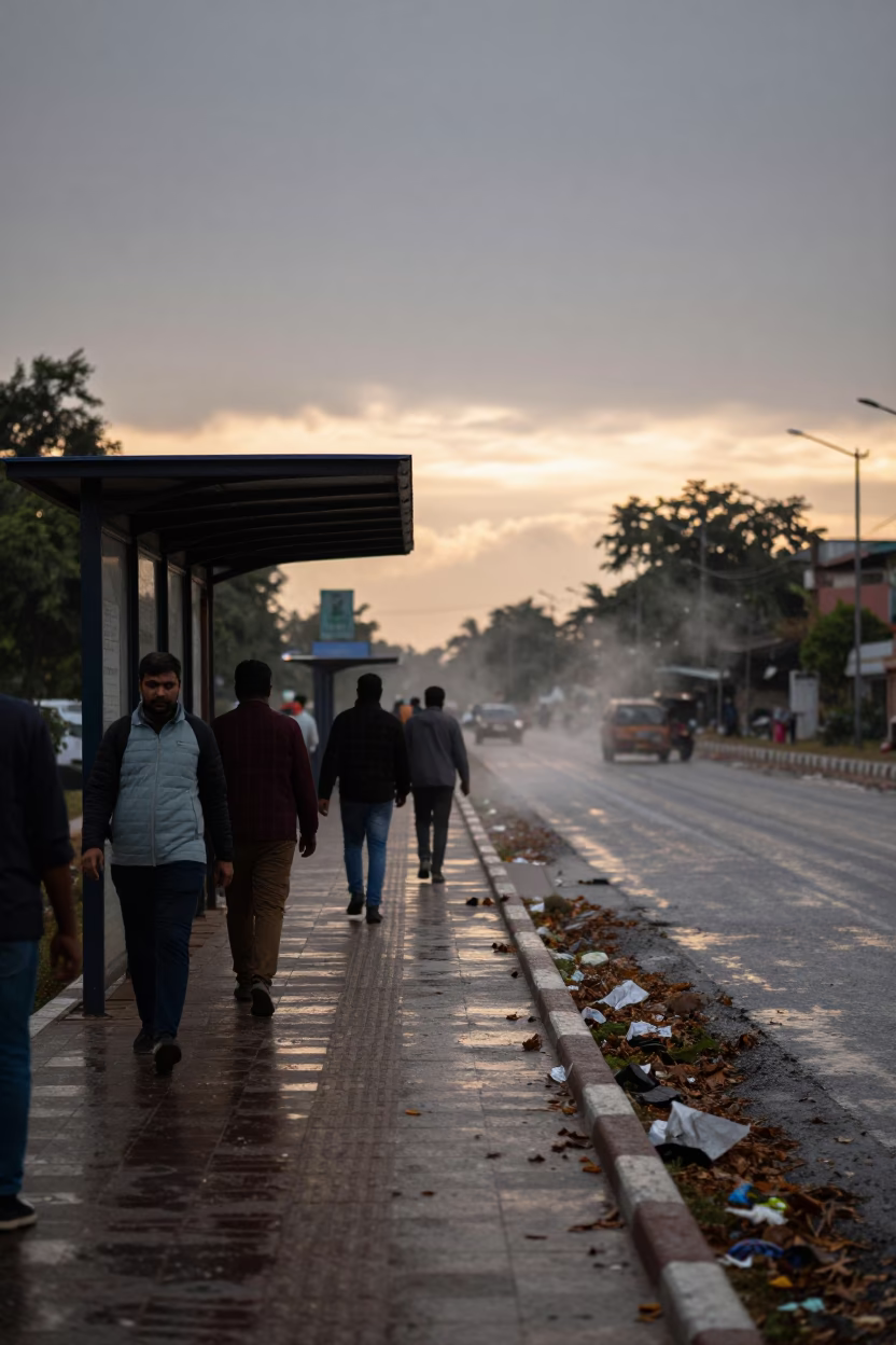 Commuters on Overpass at Sunset in Khanewal in beside a steamed-up bus shelter in Khanewal
