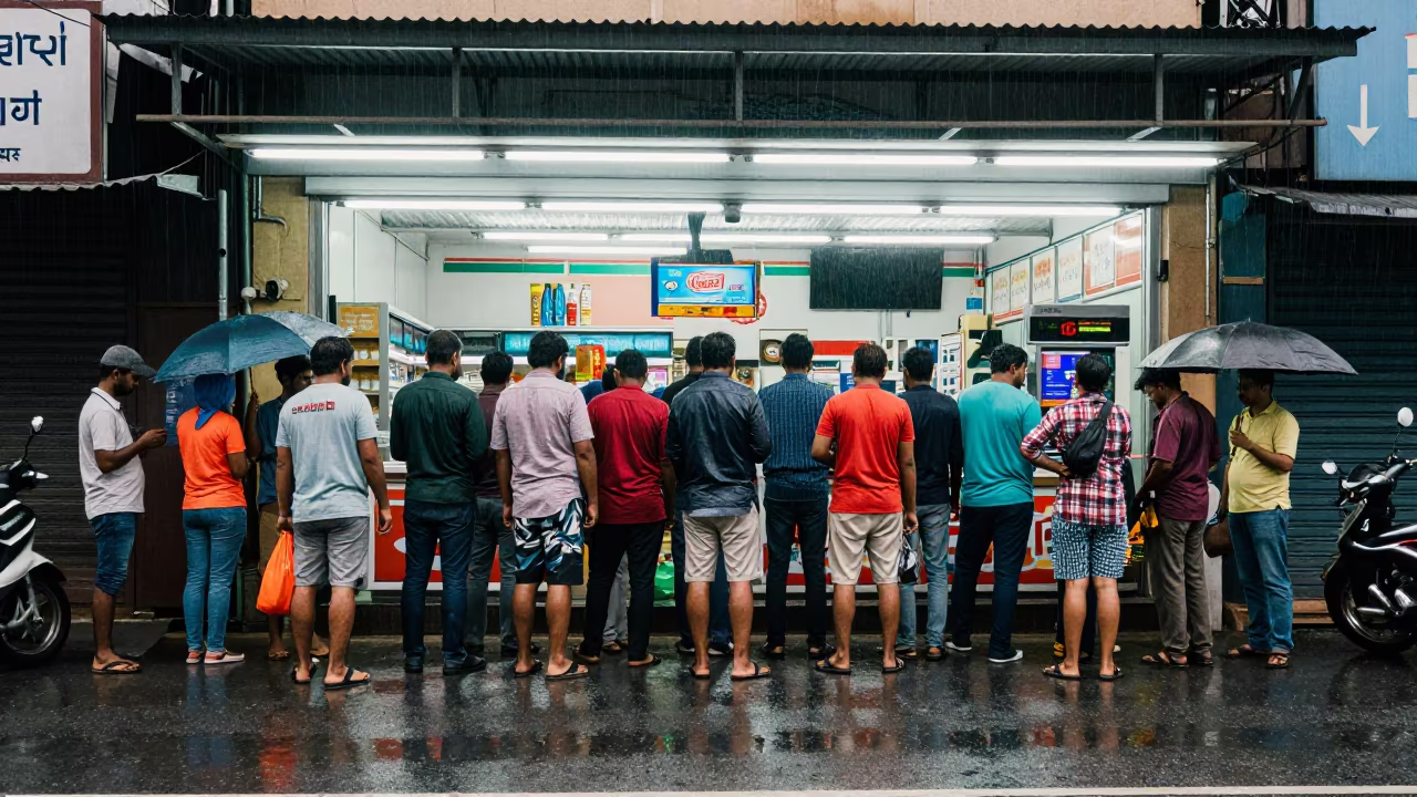 Commuters Queuing Under Awning in Monsoon Gaya in outside a fluorescent convenience store in Gaya