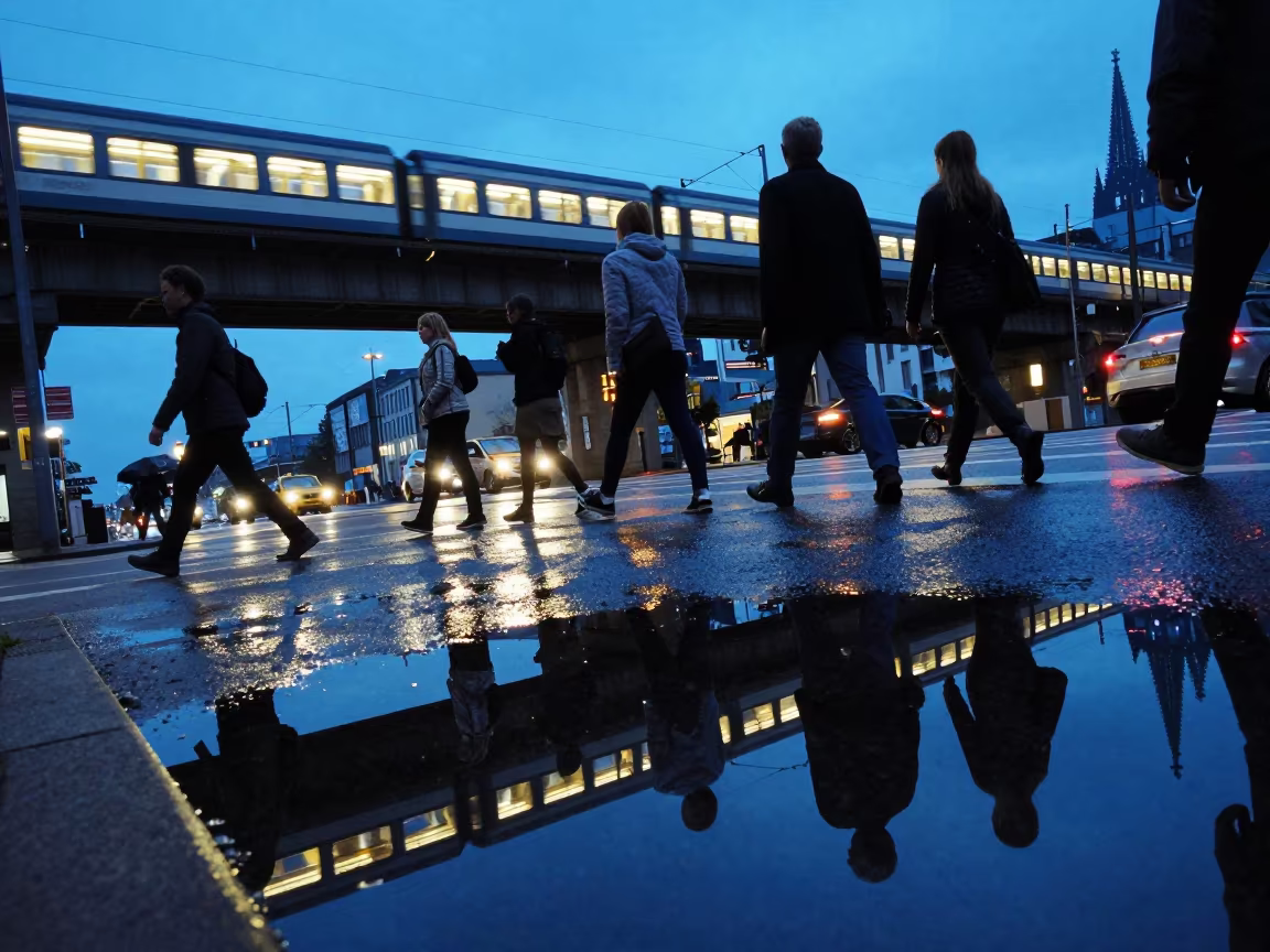 Commuters reflected in neon puddle under Cologne tracks in under an elevated train line in Cologne