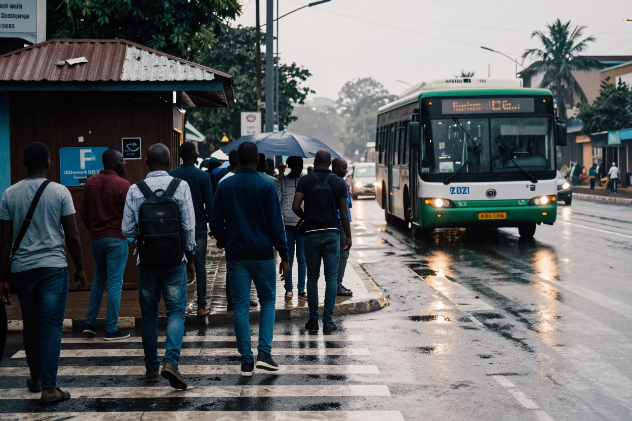 Commuters Rush Crosswalk Korhogo Rainy Bus in by a rain-darkened kiosk in Korhogo