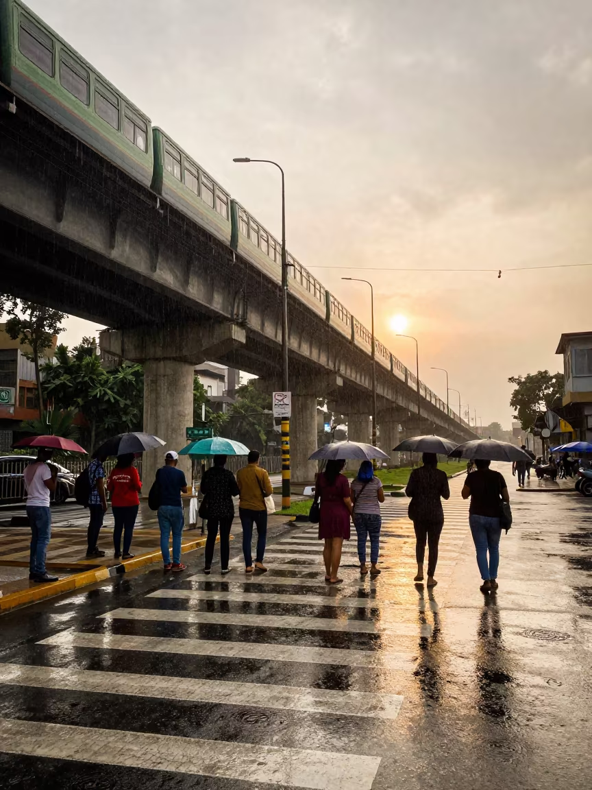 Commuters Rush Hour Subway Zaria Drizzle in under an elevated train line in Zaria