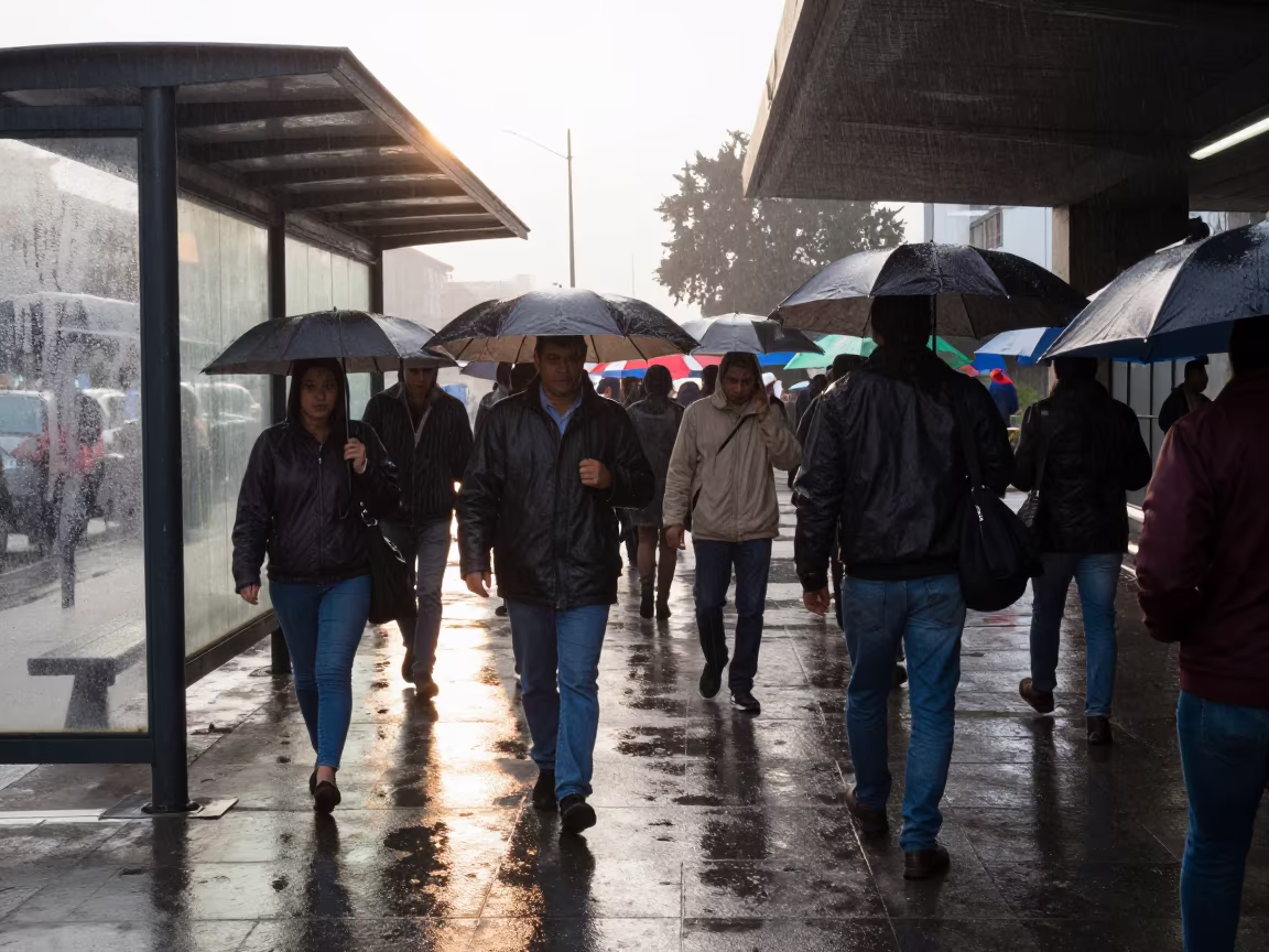 Commuters Rush from Subway in Monsoon Morning Light in beside a steamed-up bus shelter in Los Teques