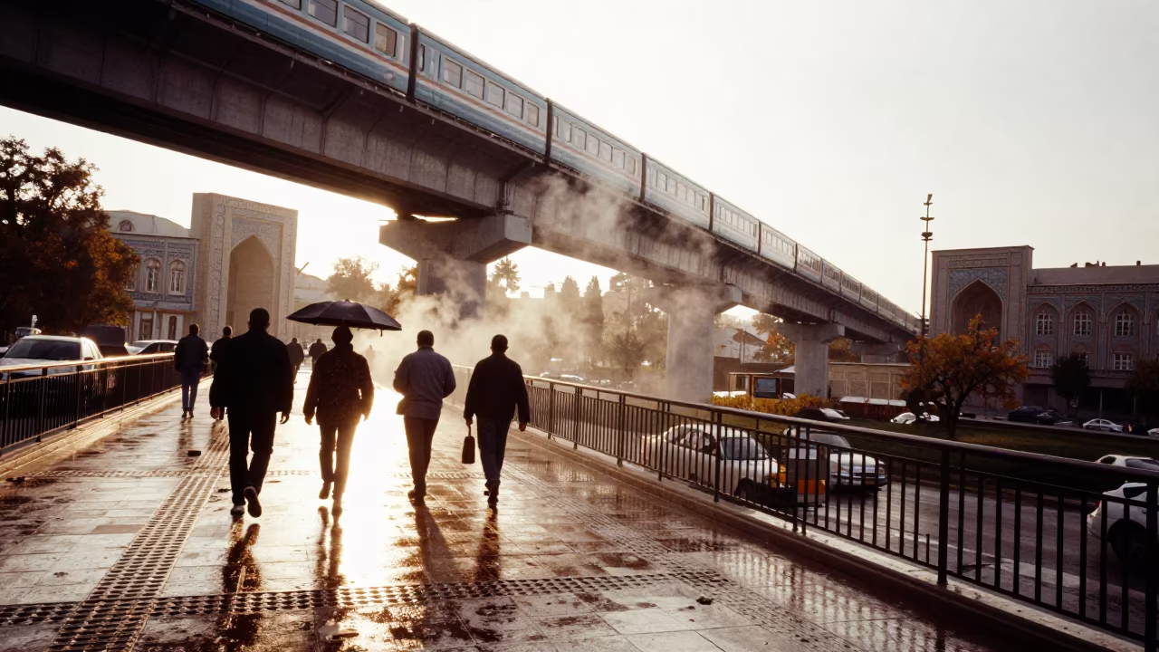 Commuters Under Samarkand Train Line After Rain in under an elevated train line in Samarkand