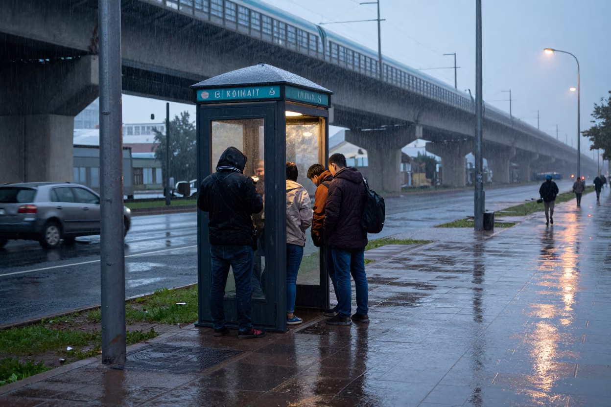 Commuters Shelter Hailstorm Under Train Kokand in under an elevated train line in Kokand
