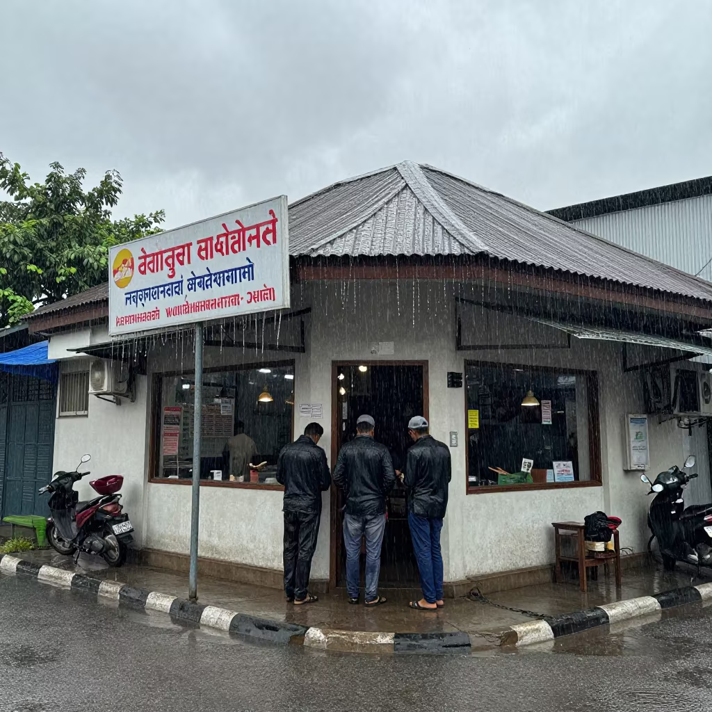 Commuters Sheltering from Hail in Naypyidaw Doorway in outside a corner cafe in Naypyidaw