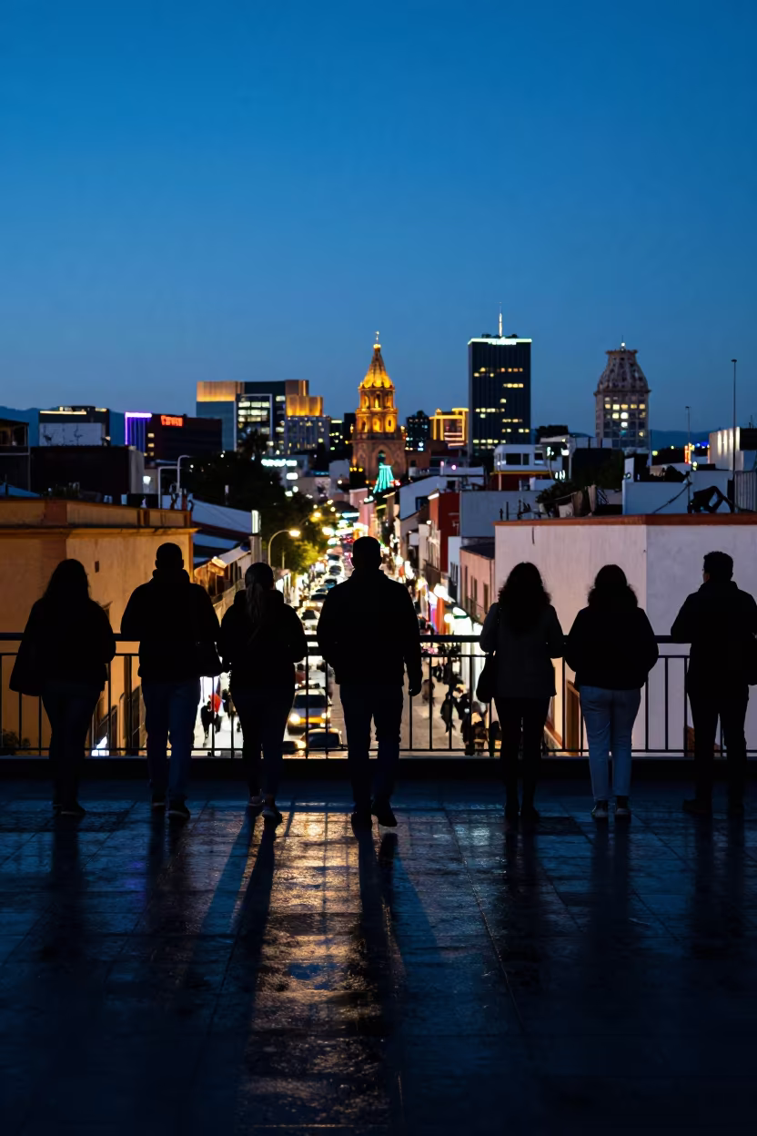 Commuters Silhouetted on Overpass Against Neon Skyline in along a market-lined side street in Queretaro