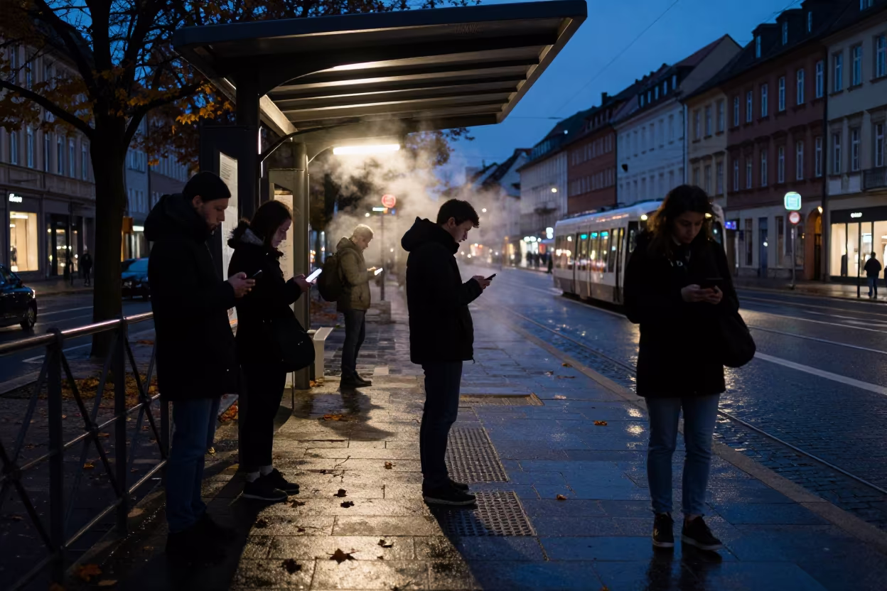 Commuters Silhouetted at Würzburg Tram Stop in at a tram stop in Würzburg