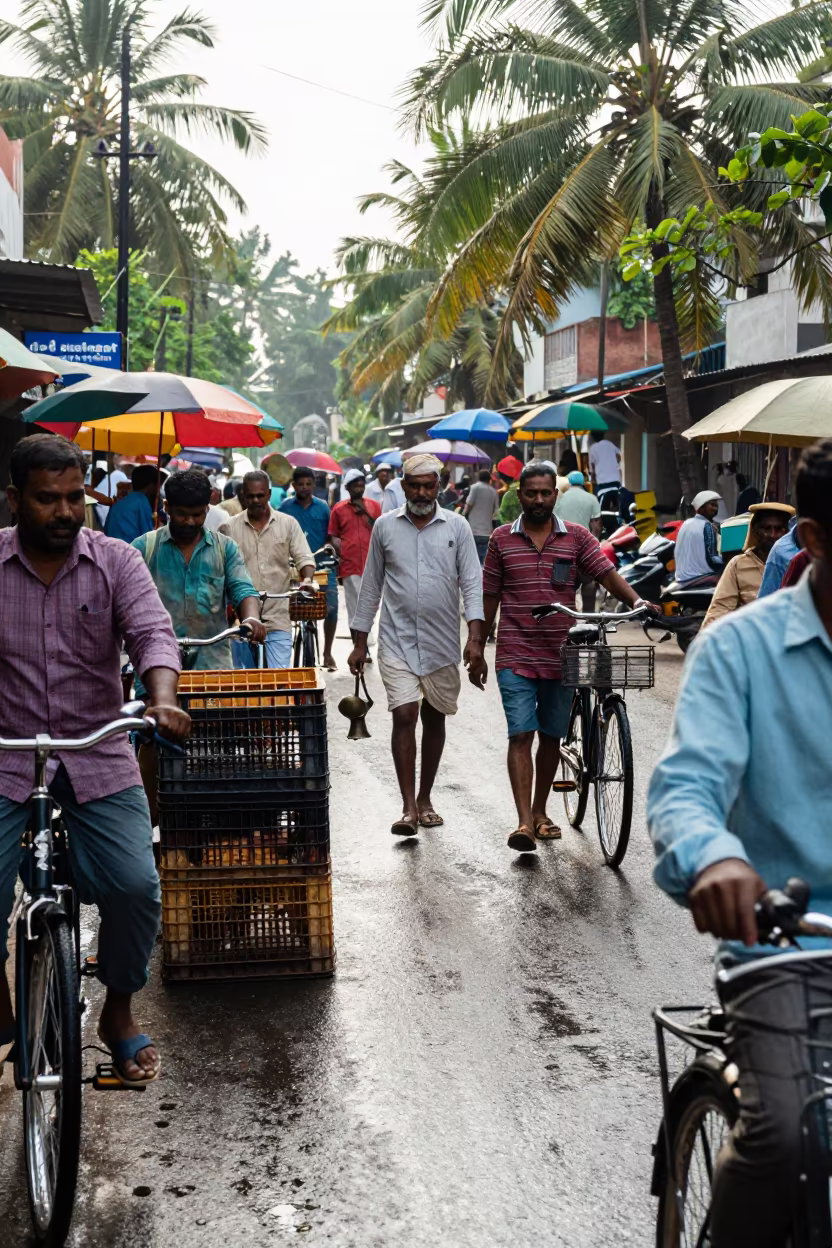 Commuters Thread Through Saharsa Market Crates in along a market-lined side street in Saharsa