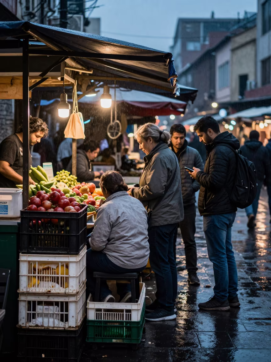 Commuters threading crates under kiosk lights in by a rain-darkened kiosk in Merca
