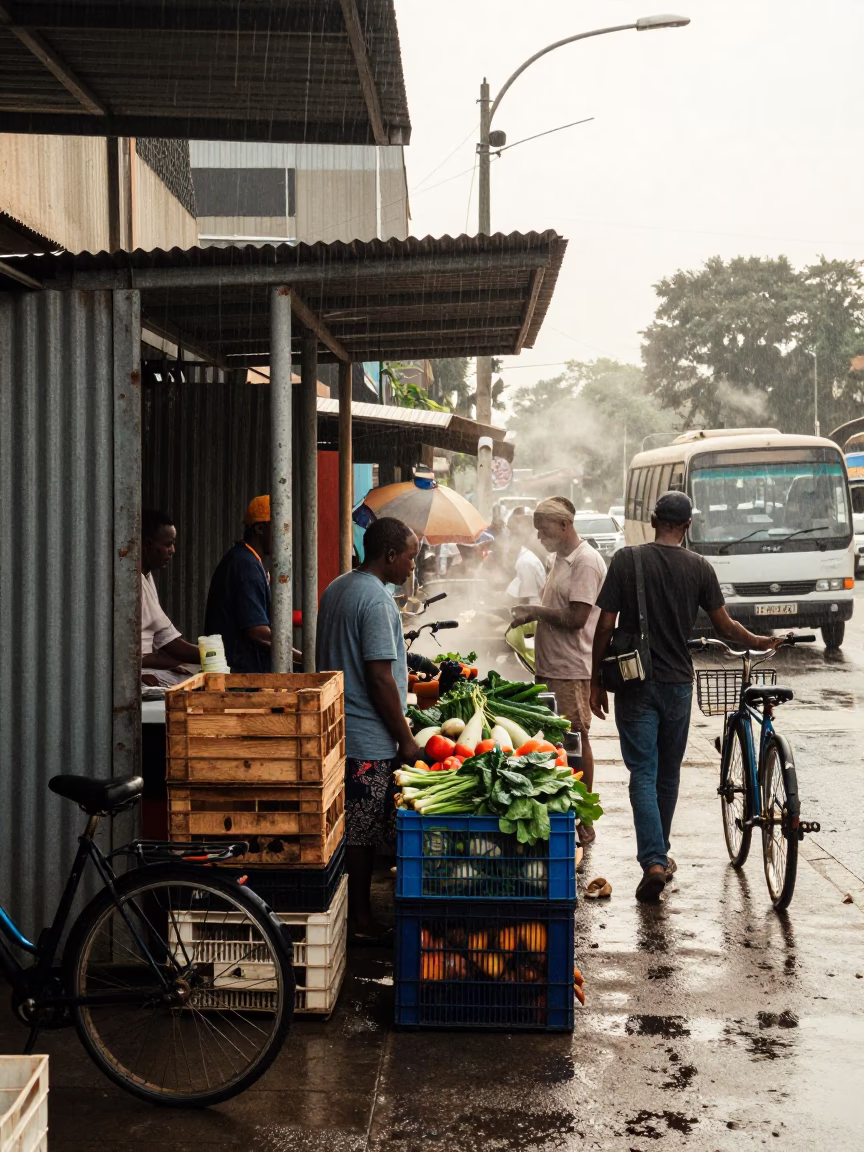Commuters threading market crates bus shelter in beside a steamed-up bus shelter in Pretoria