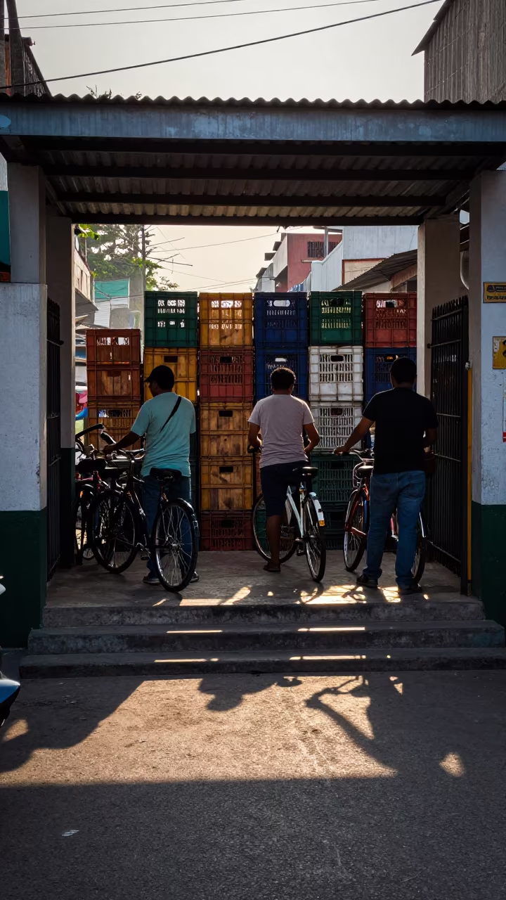 Commuters threading market crates at Chiclayo dawn in outside a metro entrance in Chiclayo