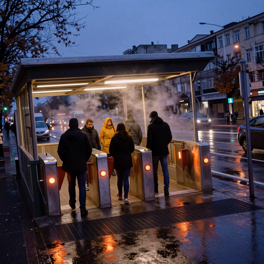Commuters Through Turnstile in Mashhad Rain in outside a metro entrance in Mashhad