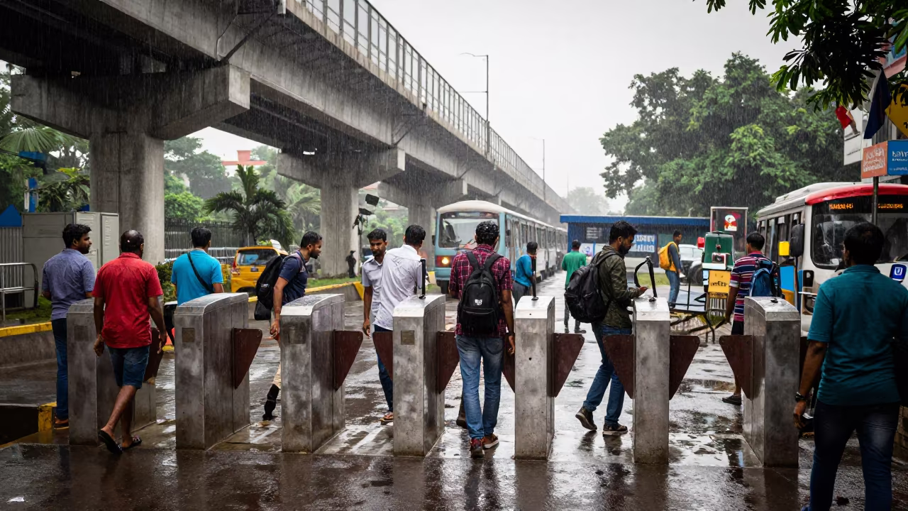 Commuters Through Turnstile Rain Mumbai in under an elevated train line in Mumbai