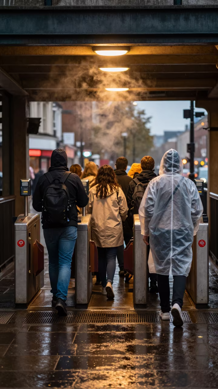 Commuters Through Turnstile in Rain in beneath a flickering underpass light in Southampton