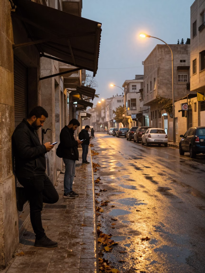 Commuters Under Amber Light Before Dawn in beneath a flickering underpass light in Aleppo