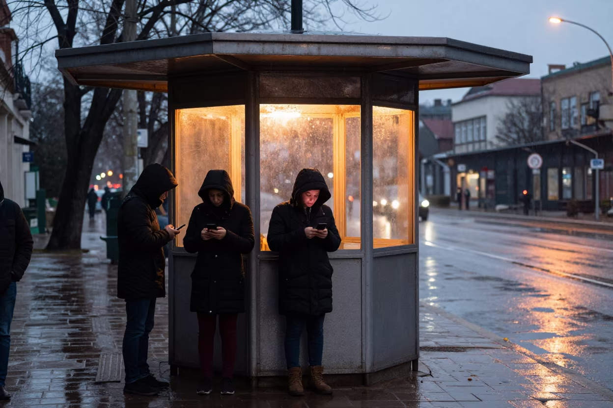 Commuters Under Awning in Amarah Evening in by a rain-darkened kiosk in Amarah