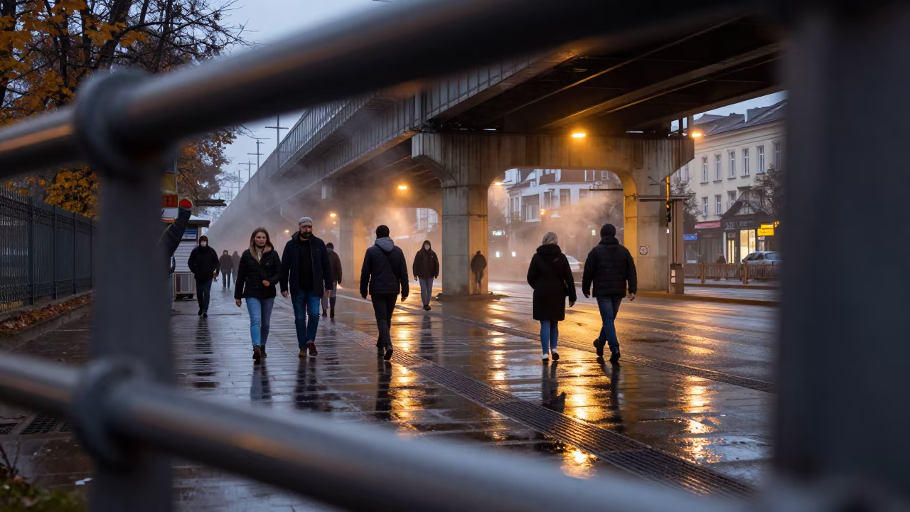Commuters Under Chorzów Train Line in Rain in under an elevated train line in Chorzów