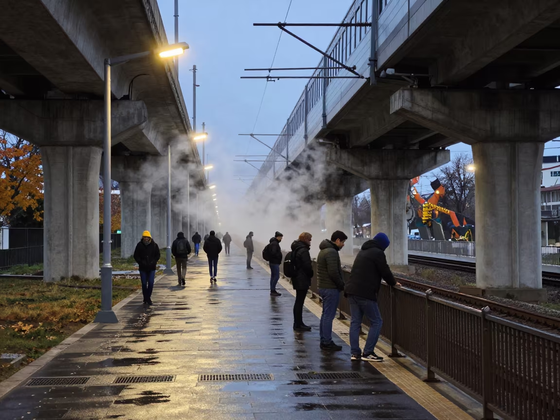 Commuters Under Durrës Rail Overpass at Dusk in under an elevated train line in Durrës