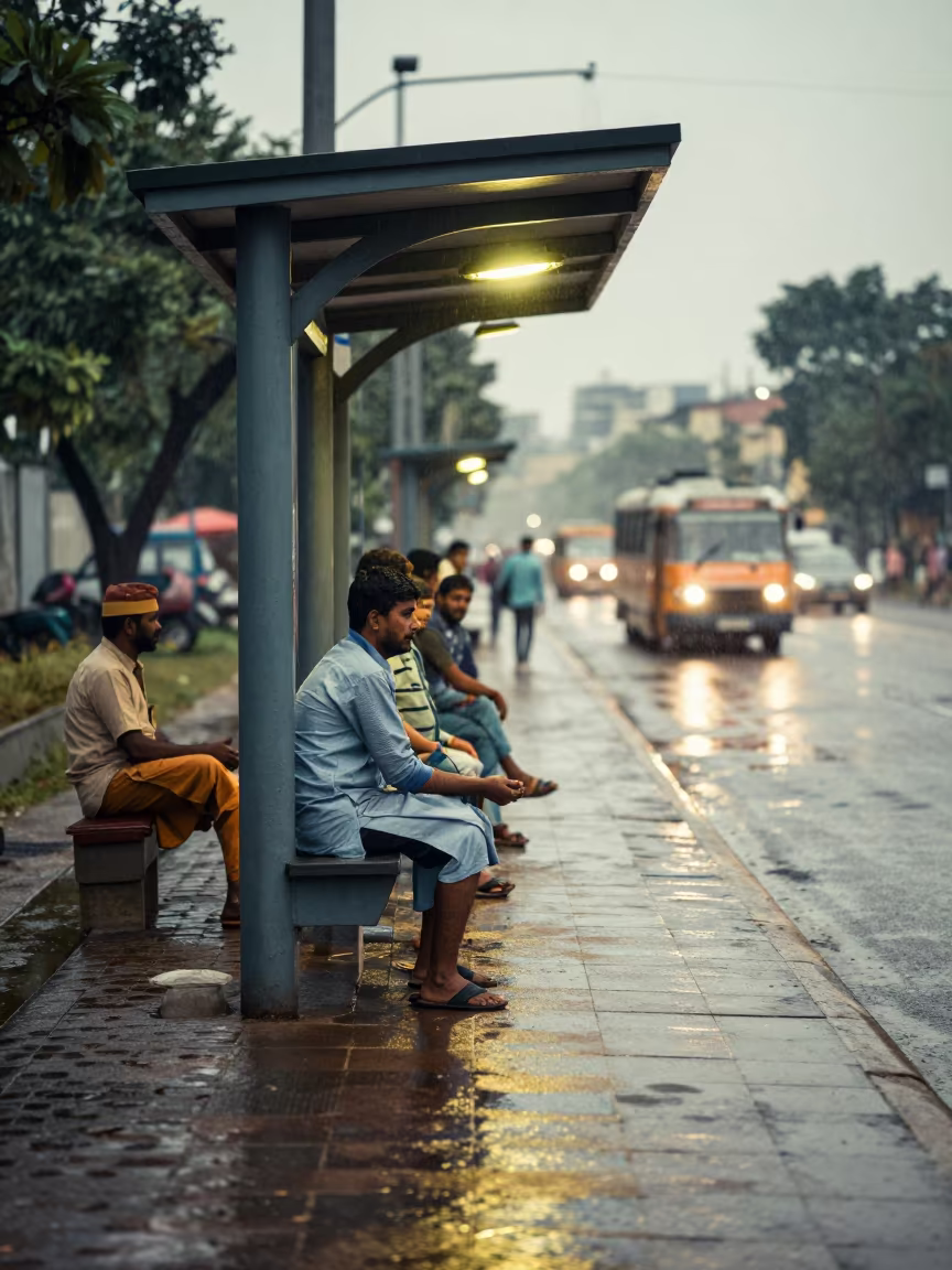 Commuters Under Flickering Light in Bahawalpur in beneath a flickering underpass light in Bahawalpur