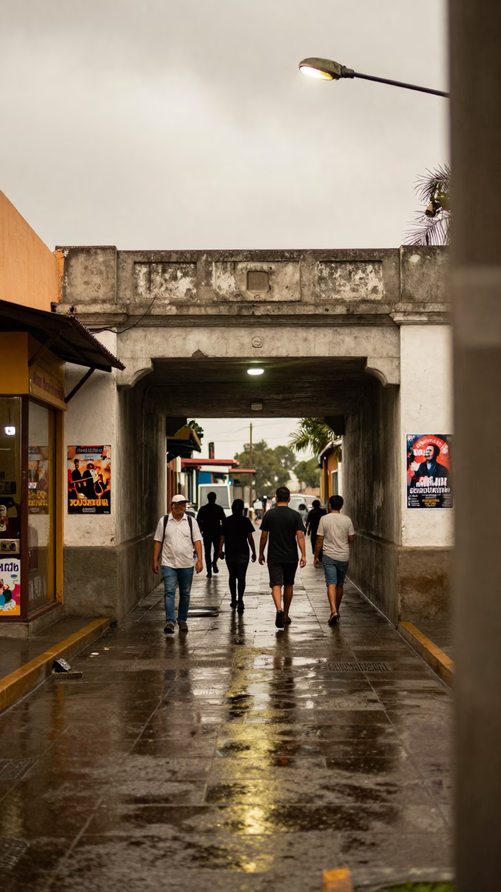 Commuters Under Flickering Tacna Light in beneath a flickering underpass light in Tacna