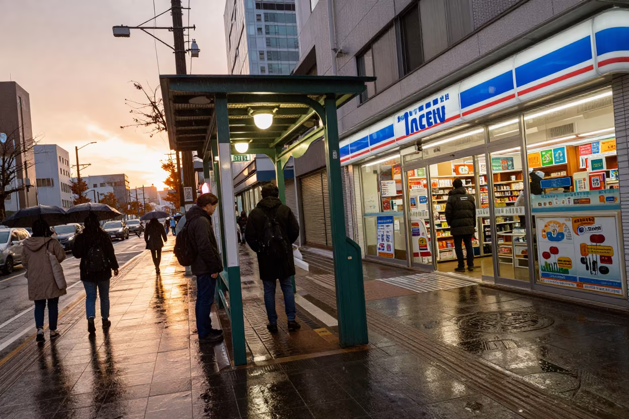 Commuters Under Heat Lamps at Fukuoka Tram Stop in outside a fluorescent convenience store in Fukuoka
