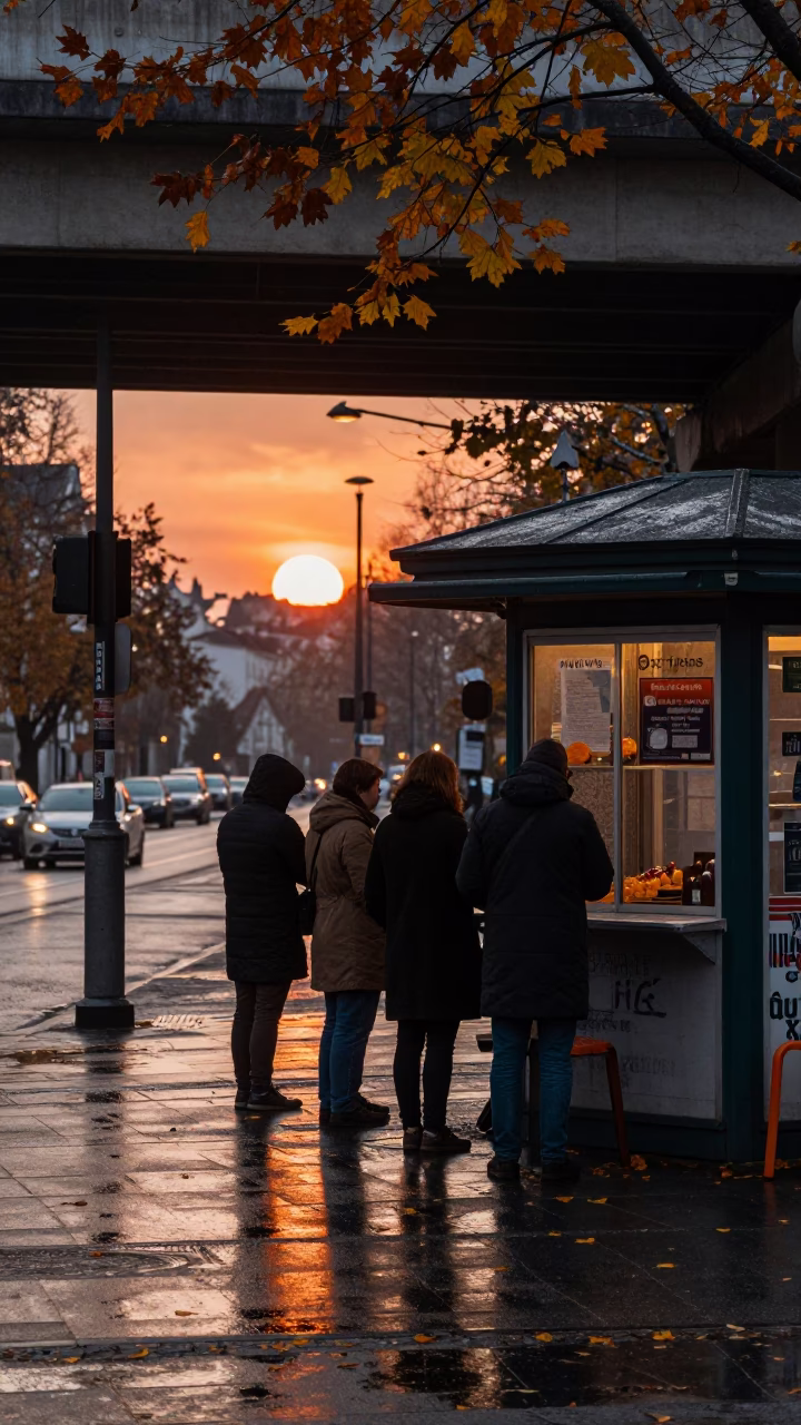 Commuters Under Linz Overpass in Late Autumn Rain in by a rain-darkened kiosk in Linz